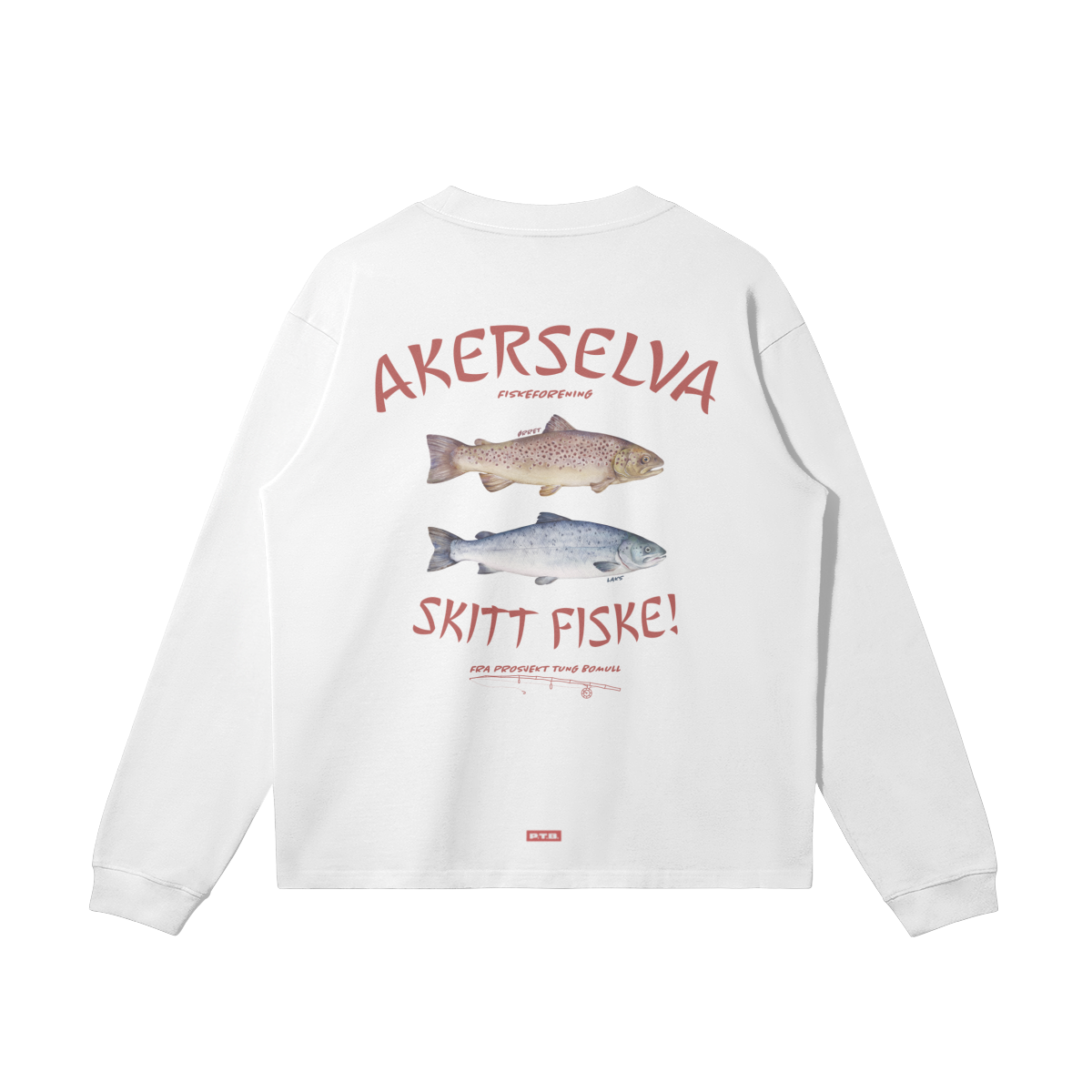 TYNN LANGERMA: AKERSELVA FISKEFORENING [BRODERT LOGO, IKONISK TRYKK BAK]