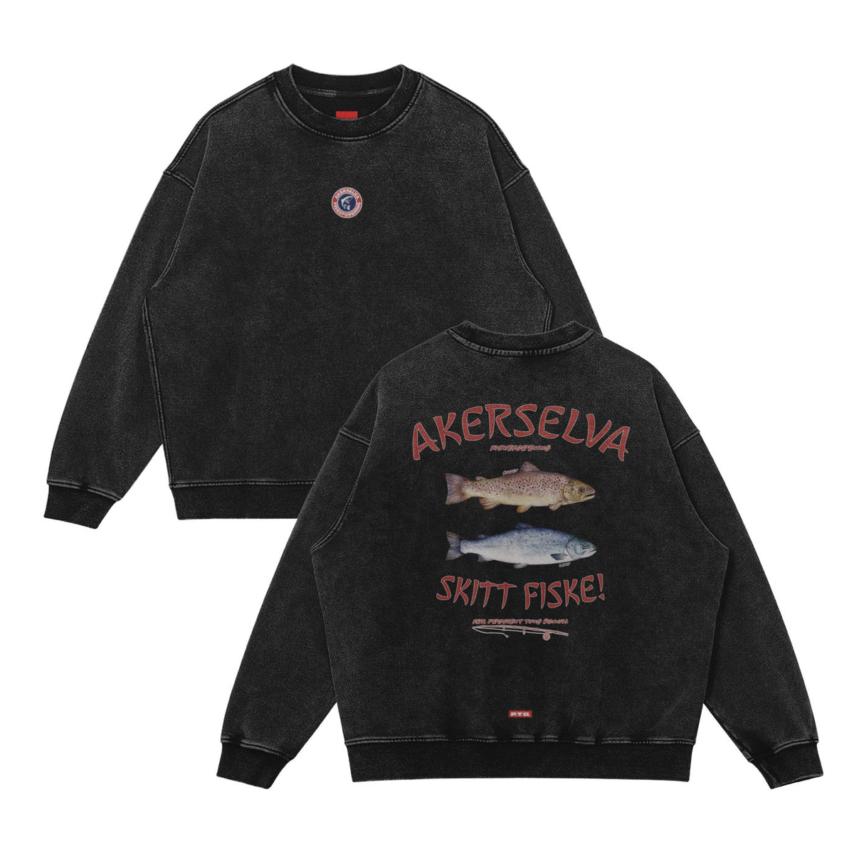 GENSER: AKERSELVA FISKEFORENING [BRODERT LOGO, IKONISK TRYKK BAK]